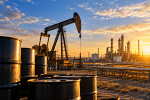 Illustration du secteur pétrolier : pompe à pétrole, barils et raffinerie au lever du soleil